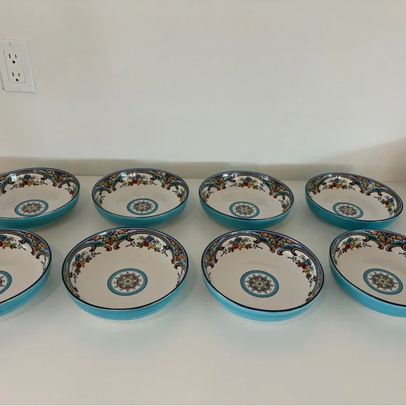 Euro Ceramic Zanzibar Pasta Bowls Set of Eight Spanish Style Floral Stoneware - Picture 6 of 8